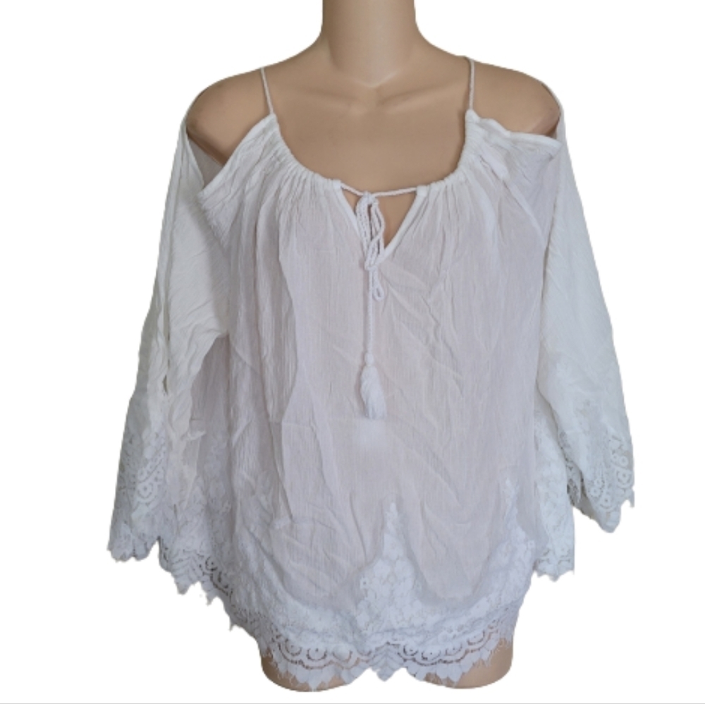 Soho Jeans NY & Company White Cold Shoulder Lace Blouse Top Size Women's XL